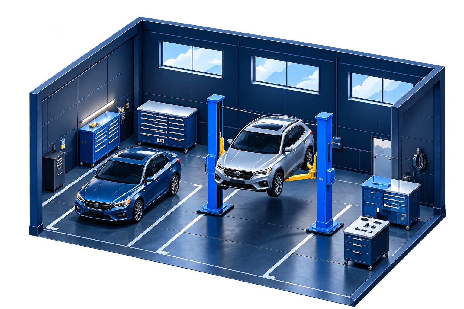 Dimensional illustration of an independent repair shop: a blue sedan in one bay and a silver SUV supported by a two-post lift in the next.